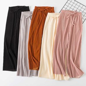 Primavera sólida plissada pleated calças de perna para mulheres verão feminino cintura alta chiffon faixas coreanas casuais tornozelo calças Q0801