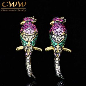 Special Yellow Gold Color Milti Colored CZ Zirconia Stones Cute Lucky Parrot Bird Long Stud Earring for Ladies CZ329 210714
