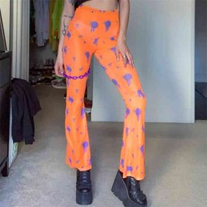 OMSJ Woman Sexy Mesh Flare Pants See-throught Orange Print Trousers Beach Bell Bottom Summer Holiday Workout Clothes 210517