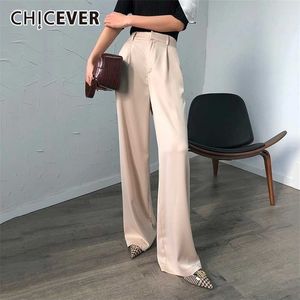 Chicever Summer Casual Solid Byxor För Kvinnor Hög Midja Zipper Pocket Stor Stor Stor Stor Stor Wide Ben Fashion Clothing 211115
