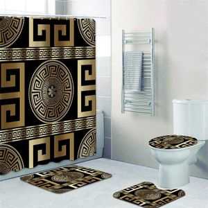 3D Luxury Black Gold Greek Key Meander Tende da bagno Set di tende da doccia per tappetini da bagno ornati geometrici moderni Decor 220125