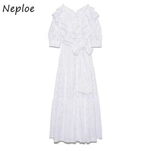 Neploe 2021 Lato Nowa Wzburzona Długa Dress V Neck Women Vintage Krótki Rękaw Lady Vestidos Denim Szata Z Sashes Belt Y0823