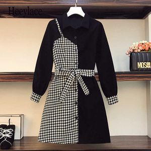 Artı boyutu Kore ekose patchwork mini elbise sonbahar kış uzun kollu zarif vintage elbiseler kadın ofis bayanlar vestido y1006