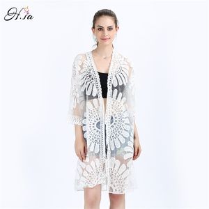 Suncreen Bluzka Kimono długa koszula biała koronkowa kobiety Tops Ochrata przeciwsłoneczna Odzież Summer Poncho Cardigans 210430