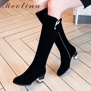 Stivali da donna invernali al ginocchio con cerniera alta tacco quadrato lunghi cristalli punta tonda scarpe da donna autunno taglia grande 33-43 210517