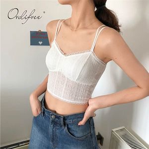 Summer Women White Lace Tank Camisole Zwykły Slim Sling Camis Solid Colors Crop Topy 210415