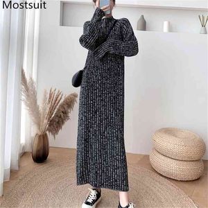 Thick Knitted Women Long Sweater Dress Autumn Winter Full Sleeve Turtleneck Straight Dresses Korean Fashion Loose Vestidos 210513