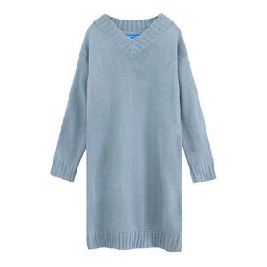 Black Blue Khaki Knitting Sweater V-neck Long Sleeve Mini Dress Casual Autumn Winter D2111 210514