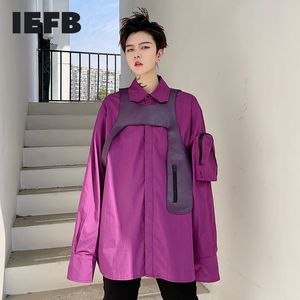 IDEFB Fioletowy Koszula z długim rękawem dla mężczyzn Luźna Przyczynowe PU Skórzane Patchwork Lapel Koszulki Przyczynowe Vent Topy Koreański Moda Cloth9y6641 210524