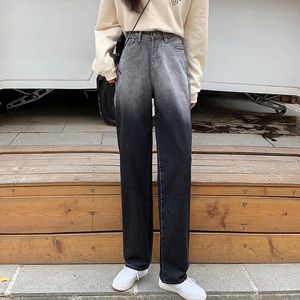 2Color vår höst koreanska stil lösa kvinnor denim byxor casual gradient hög midja jeans kvinnor rakt lång byxa (F8065) ​​210423