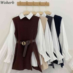 Woherb coreano primavera outono mulheres tricotadas camisola colete + blusa branca casual cinto terno dois pedaços set escritório senhora roupas 210812
