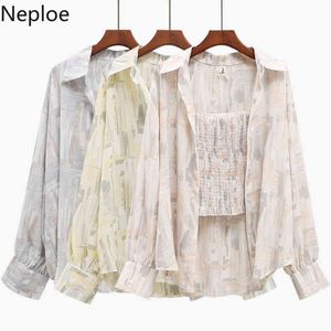 NEPLOE Duas peças Set Mulheres Chiffon Shirts Plissado Colheita Tops Verão Impressão Coreana Terno Sun Proteção Roupas 2 Piece Set Femme 210422