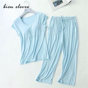 Piżama Bielizna Bielizna Modal Plus-Size Femme Piżamy Zestawy z krótkim rękawem Dwupiętrowy zestaw Home-Clothe Loose Soft Cotton Sleepwear 210809