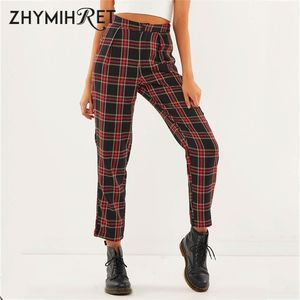 Zhymiquret höst bomull raka plaid kvinnors byxor fotled-längd dragkedja capris casual mitten midja byxor pantalon femme 210915