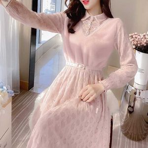 Elegante Spitze Langarm Kleid Rosa Sexy Frauen Büro Fee Frühling Süße Party Dame Korea Y2k Kleidung 210604