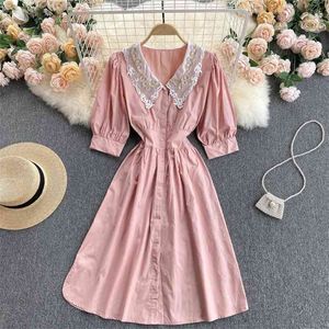 Frauen Mode Frühling Sommer Kurzarm Hohe Taille Dünne Puppe Kragen Süße A-linie Kleid Elegante Kleidung Vestidos S224 210527