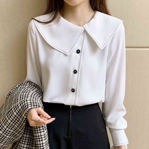 Koreanische Frauen Bluse weiße Hemden Langarm s Frau Chiffon plus Größe Sailor Kragen Tops 210427