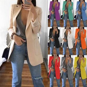 Ofis Kadın Blazers Rahat Uzun Kollu Katı Örgün İş Takım Elbise Moda Bayanlar Ceketler İnce Ceket Açık Ön Hırka # F3 210930
