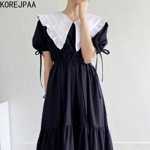 Korejpaa Abito da donna Coreano Chic Elegante temperamento retrò Colletto per bambola Cuciture Cravatta con maniche a palloncino in vita Vestido lungo 210526