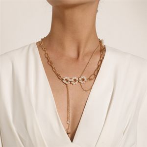 Mehrschichtimitation Perlenkette Halskette für Frauen Vintage Langer Quaste Kreuz Jesus Anhänger Choker Gote Hals Schmuck
