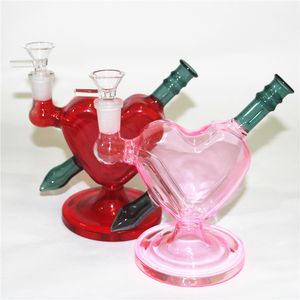 6 inch Heart Shape Pink red Color Hookahs Glass Bongs Water Pipes Dab Oil Rigs with 14mm Smoking Dry Herb Bowls