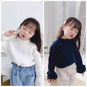 Spring Autumn baby girls stringy selvedge flare sleeve shirts cute girl cotton doll shirt clothing 210708