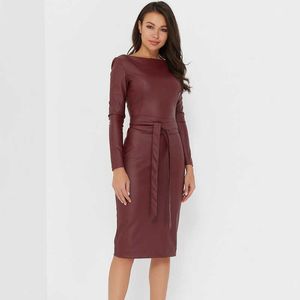 Pu Leather Sexy Bodycon Dress Sashes Sheath Slim Long Sleeve Winter Bandage Dress Elegant Fashion Party Night Club 210719