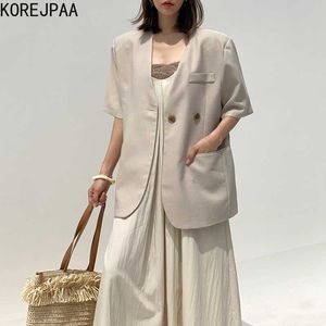 Korejpaa 여성은 여름 한국어 세련된 기질 V 넥 2 버튼 짧은 소매 블레이저 우아한 Pleated Sling Dress Suit 210526
