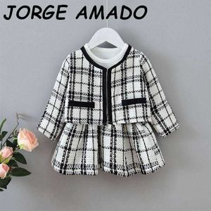 Toddler Kız Kıyafetler Sonbahar Kış Kız Uzun Kollu Elbise + Ekose Ceket 2 adet Set Giysileri E2069 210610