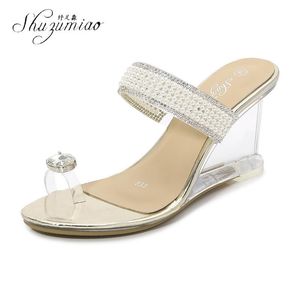 Women Summer Open Toe Lady Wedges Heel Rhinestone Slippers Shoes Plus Size 34-43 Girl Opened String Bead Slipper