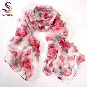 [BYSIFA] Red Roses Ladies Fashion 100% Pure Long Scarves Spring Autumn Thin Transparent Sexy Satin Silk Scarf