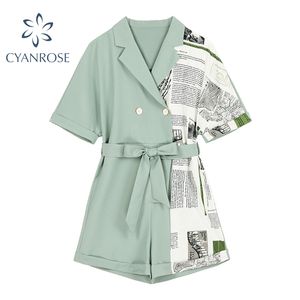 Elegant lös grödor Jumpsuits kläder för damer Kortärmad Koreansk Vintage Hög Midja Bandage Overaller Kvinnor Casual Sommar 210417