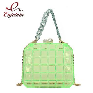 ショルダーバッグ透明なアクリルファッションボックス財布と女性用ハンドバッグチェーンバッグ格子縞のパールバックルパーティークラッチデザイナー