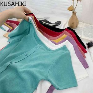 Koreanska Solid Square Collar Kvinnor Stickade Toppar Knappar Kortärmad Slim Knitwear Sommar Pullovers 6H674 210603