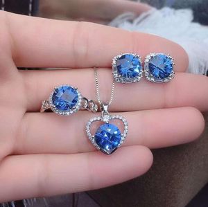 Wholesale blue topaz heart pendant resale online - High Quality Blue Topaz Ring Earrings Heart shaped Pendant Necklace Set S925 Silver Fine Wedding Jewelry For Women Bracelet