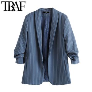 TRAF Women Fashion Office Wear Plaid Blazers Coat Vintage Pläterade Ärmar Fickor Kvinnor Ytterkläder Chic Toppar 210415