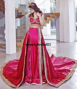 Sexy Hot Pink Evening Dresses with Detachable Train Lace Applique Mermiad Arabic Split Prom Dress for Women Party robe de soirée