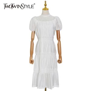 Casual Patchwork Lace Dress For Women Stand Collar Puff Short Sleeve High Waist Ruched Slim Dresses Female 210520
