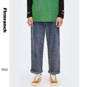 Firmranch Spring / Autumn Amei Khaki刺繍ストレートカジュアルボトムバックポケットデニムジーンズ男性緩い長年ズボン