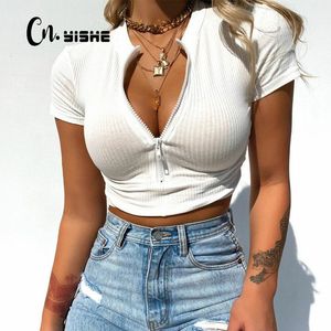 CNYISHE FASHION NEON GUL KORT TEA Toppar Kvinnor T-shirts Sexig fitness dragkedja Kortärmad Beskuren skjorta Kvinna Casual Crop Tops 210419