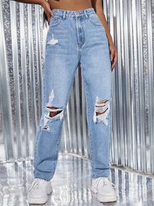 Light Wash Ripped Detail Straight Leg Jeans h87G#