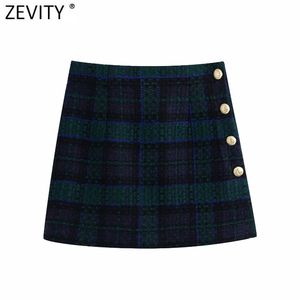 Kvinnor Vintage Plaid Print Tweed Woolen Back Zipper Slim Mini Skirt Faldas Mujer Lady Side Knappar Chic Kjolar QUN692 210416