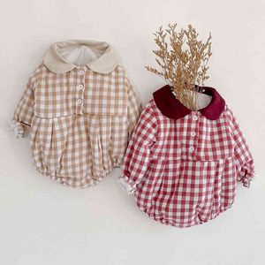 Autumn Winter Toddler Clothing Baby Boys Girls Grid Doll Collar Rompers Kids Boy Girl Thicken 210429