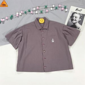 スウィートデザインファッション女性夏ブラウス紫のイチゴボタン半袖かわいい刺繍10代の少女のシャツトップス女性のBlous
