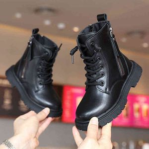 2021 Jesień Kids Casual Buty Dla Chłopców Dziewczyna Podwójne Zipper Botki Kostki Okrągłe palce Skórzane dziecko School Uniform Lace-Up Boot 26-36 G1210