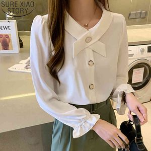 Mujer De Moda Jesień Bow White Szyfonowe Koszule Office Lady Damskie Topy i Bluzki Z Długim Rękawem Cardigan Blusas 10687 210417