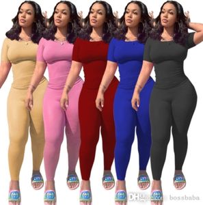 Kadın Eşofman Tasarımcı Iki Parçalı Set Katı Rahat Seksi Spor Takım Elbise Ev T-Shirt Pantolon Örme Pembe Kıyafetler Bodycon Artı Boyutu Kadın Giyim