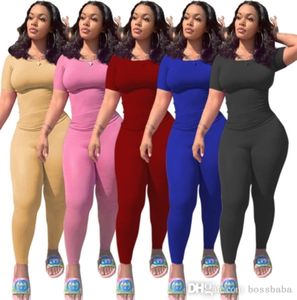 Träningsoveraller för kvinnor Desinger Tvådelat set Solid Casual Sexig sportdräkt Hem T-shirts Byxor Stickade Rosa Outfits Bodycon Plus Size Damkläder