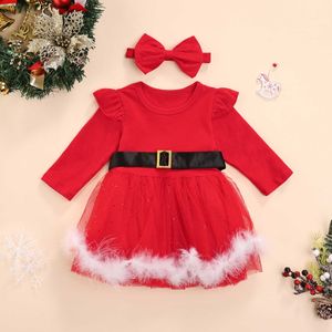 2Pcs Children's Clothing Christmas Dress Long Sleeve Mesh Plush Stitched Pullover Dress Belt Girls Spring Autumn Clothing 6M-4T G1026