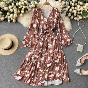 Spring Autumn Elegant Women V-neck Puff Sleeve Floral Print Dress Casual Sash Tie Up Long for Holiday 210430